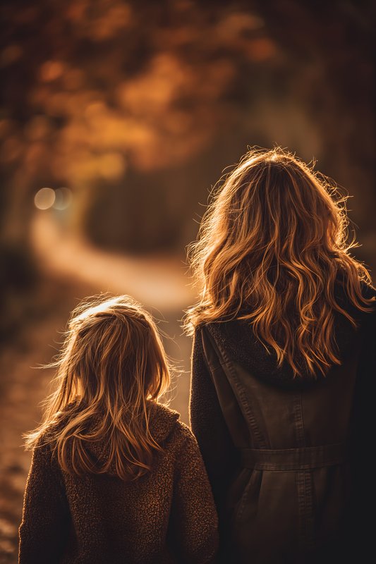 Two people walk along a path in autumn in the evening Free Premium Stock Photo - stock photo