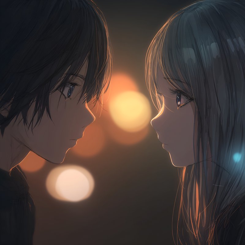 Two characters stand close, gazing at each other Free Premium Stock Image - stock photo