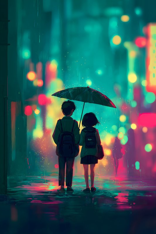 Children walk with umbrella in city at night Free Premium Stock Image - stock photo