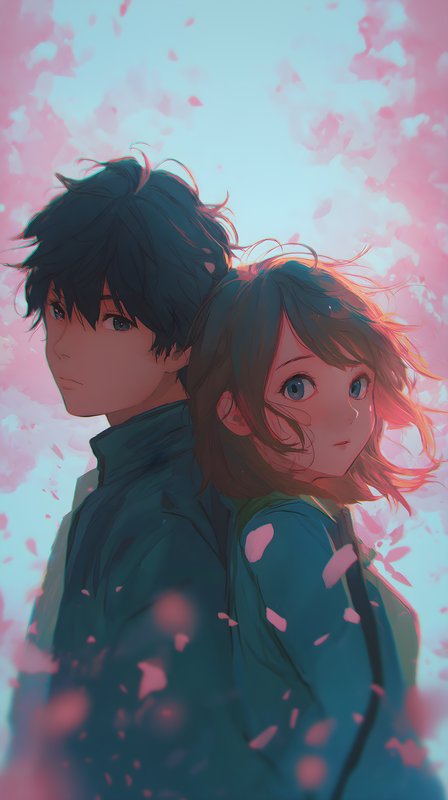 Young couple stands together amidst cherry blossoms in spring Free Premium Stock Image - stock photo