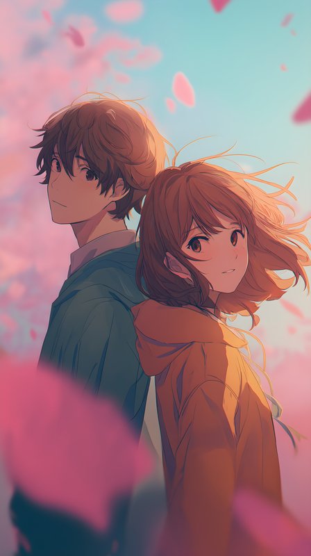 Couple stands together among pink flowers in bright sky Free Premium Stock Image - stock photo