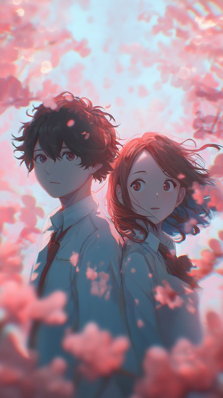 Young students stand among cherry blossoms in spring light Free Premium Stock Image - stock photo