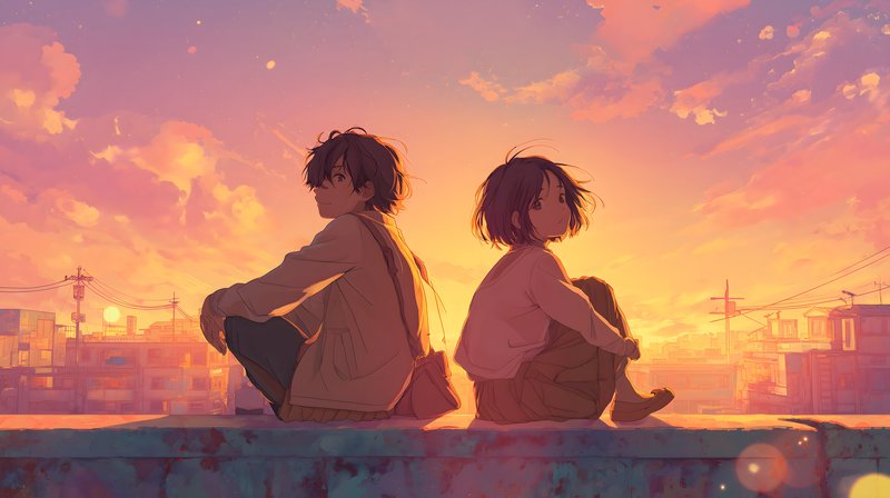 Two friends sit on a wall during sunset in the city Free Premium Stock Image - stock photo