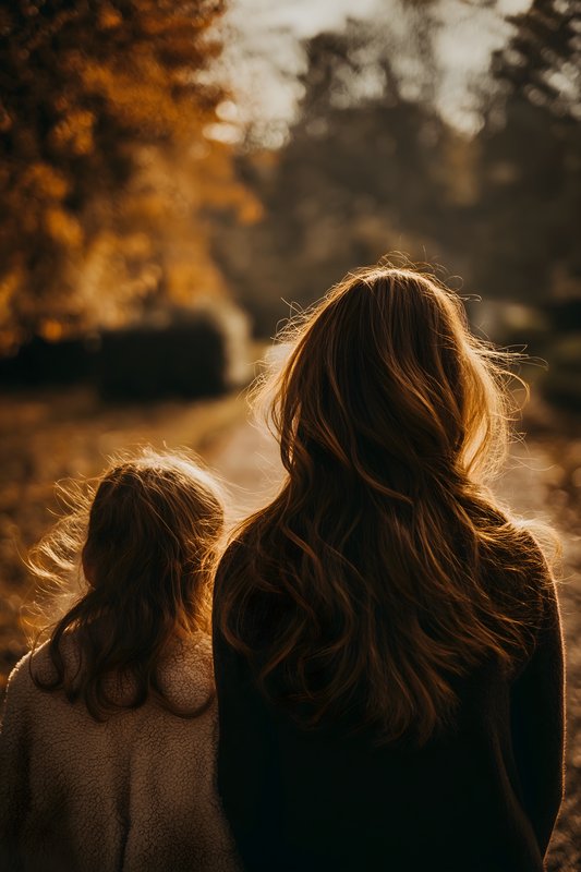 Women walk along a path surrounded by trees in autumn Free Premium Stock Photo - stock photo