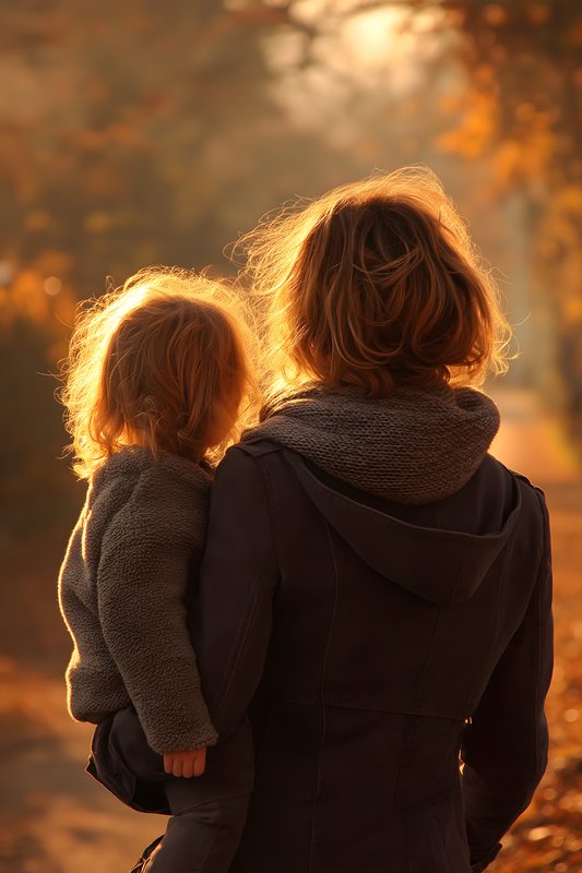 Mother and child walking in autumn woods during sunset Free Premium Stock Photo - stock photo
