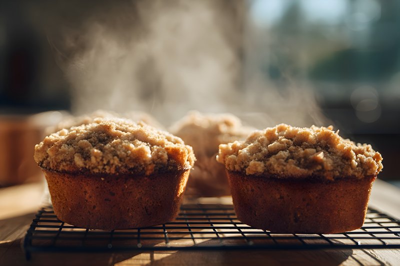 Baking muffins in a kitchen with steam rising in sunlight Free Premium Stock Image - stock photo