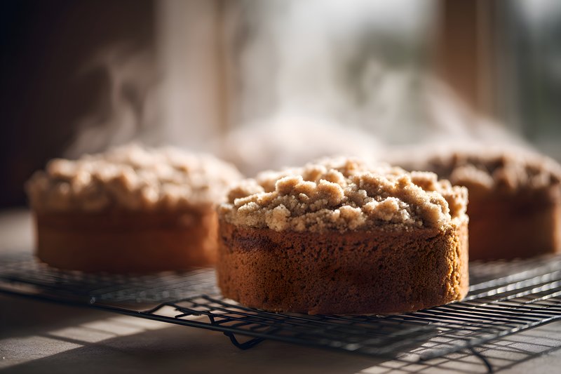 Freshly baked cakes cooling on a rack in warm kitchen Free Premium Stock Image - stock photo