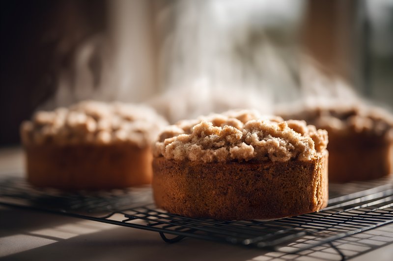 Freshly baked cakes cooling on a wire rack in sunlight Free Premium Stock Photo - stock photo
