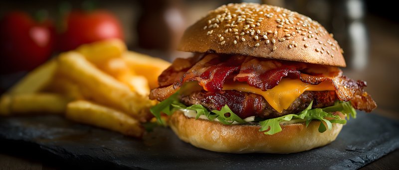 Bacon burger with cheese served with fries on a black plate Free Premium Stock Photo - stock photo