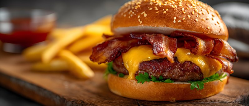 Bacon cheeseburger with fries served on a wooden board Free Premium Stock Image - stock photo