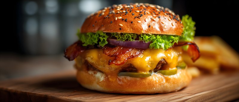 Juicy burger with bacon and cheese on a wooden board Free Premium Stock Photo - stock photo