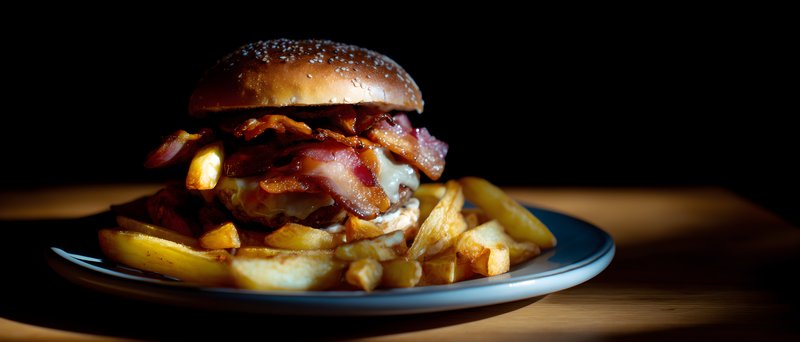 Delicious burger with fries on a plate in dim light Free Premium Stock Image - stock photo
