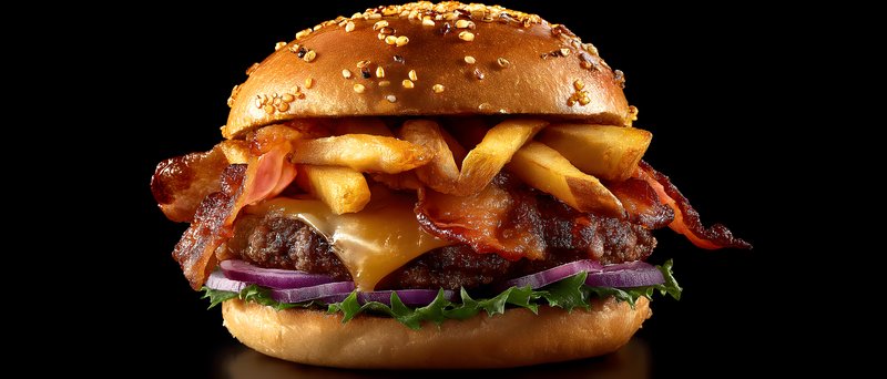 Juicy burger with bacon and fries stacked high on bun Free Premium Stock Photo - stock photo