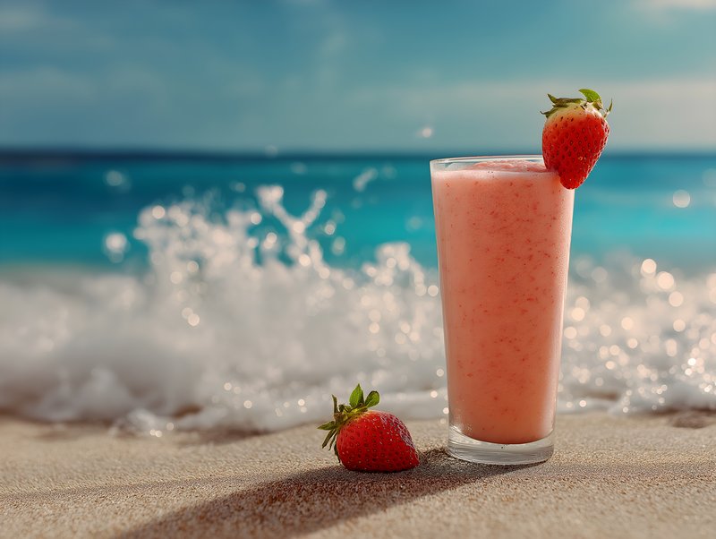 Refreshing strawberry drink on beach by ocean Free Premium Stock Photo - stock photo