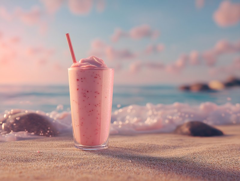 Strawberry drink sits on beach sand by ocean at sunset Free Premium Stock Image - stock photo