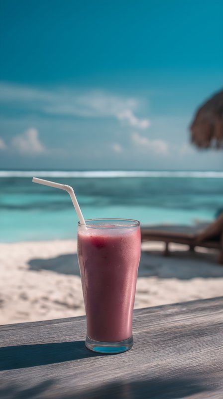 Refreshing drink sits on a table by the ocean under a clear sky Free Premium Stock Image - stock photo