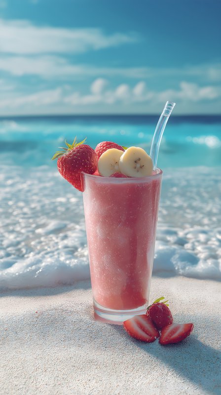 Bright smoothie on the beach with fruits and ocean view Free Premium Stock Image - stock photo