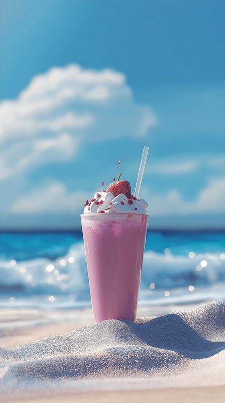 Creamy shake on the beach with ocean waves in the background Free Premium Stock Photo - stock photo