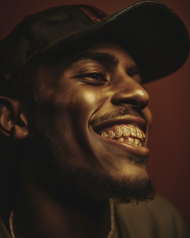 Smiling man with gold teeth in dim light Free Premium Stock Image - stock photo