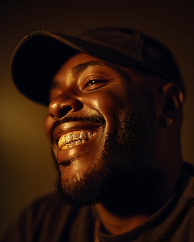 Man smiling in dim light with a cap and gold teeth Free Premium Stock Photo - stock photo