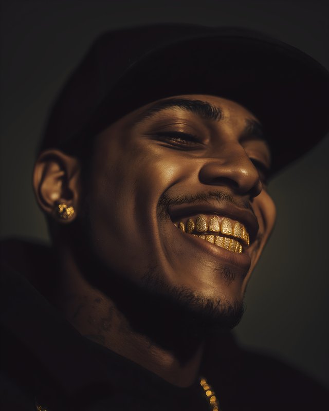 Smiling man with jewelry shows bright teeth in dim light Free Premium Stock Photo - stock photo