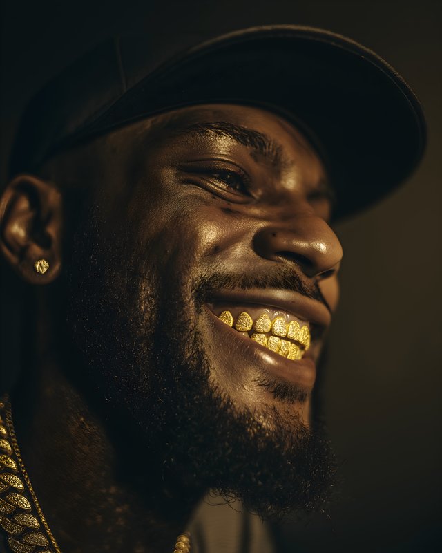 Man with gold teeth smiles brightly in dark setting Free Premium Stock Image - stock photo
