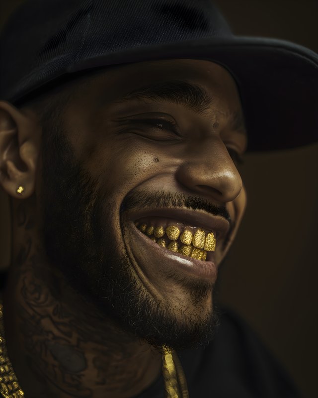 Man smiling with gold teeth and a dark cap in studio light Free Premium Stock Image - stock photo