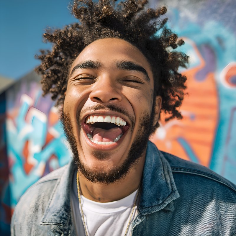 Young man smiles widely in front of colorful wall art Free Premium Stock Photo - stock photo