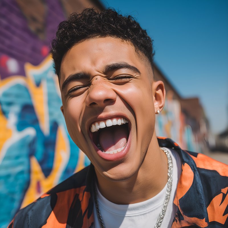 Young man laughs joyfully in urban street setting Free Premium Stock Image - stock photo