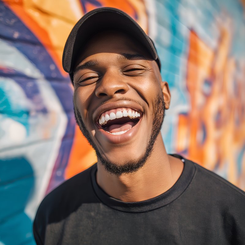 Man smiles widely against a colorful wall in city Free Premium Stock Image - stock photo