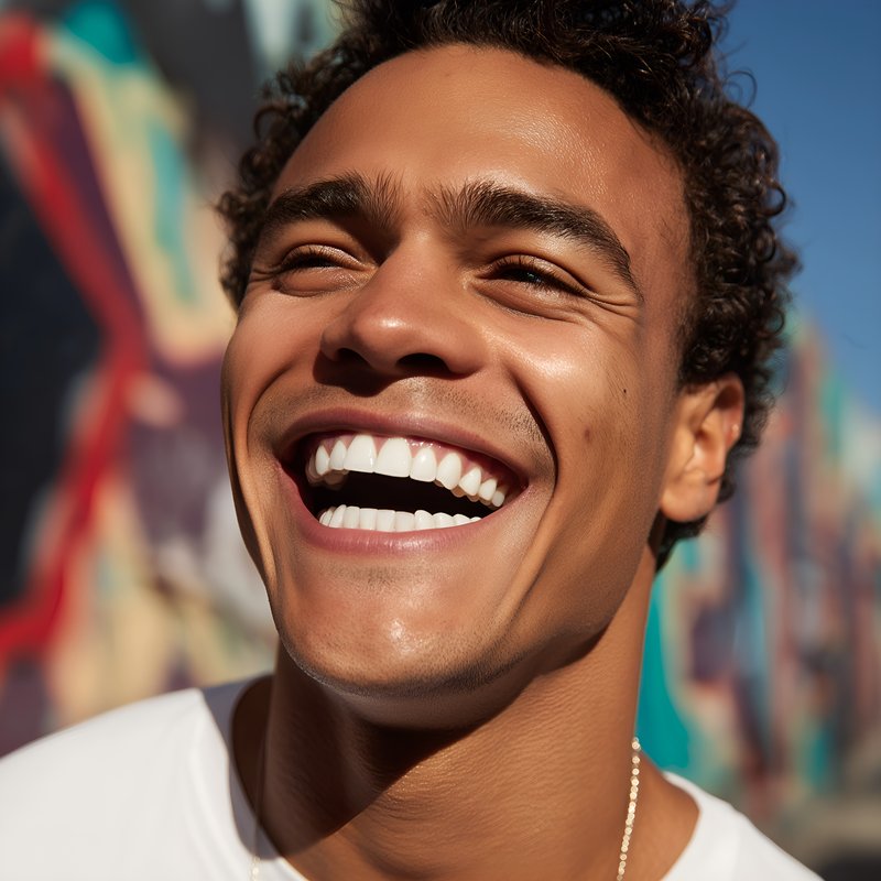 Man smiles broadly in front of colorful mural Free Premium Stock Photo - stock photo