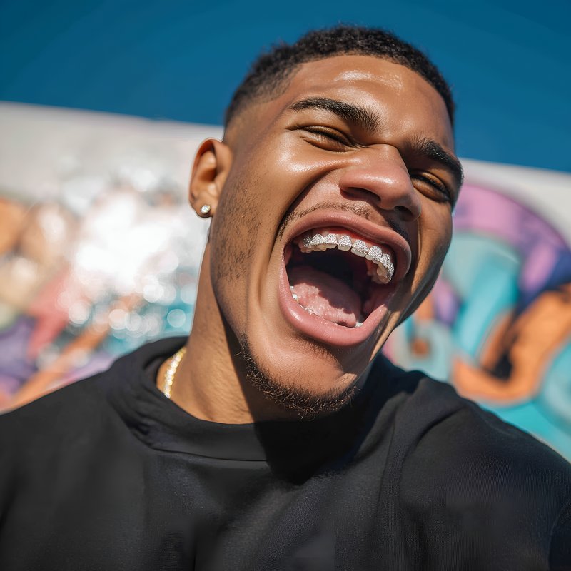 Young man laughs in front of colorful street art in daytime Free Premium Stock Image - stock photo