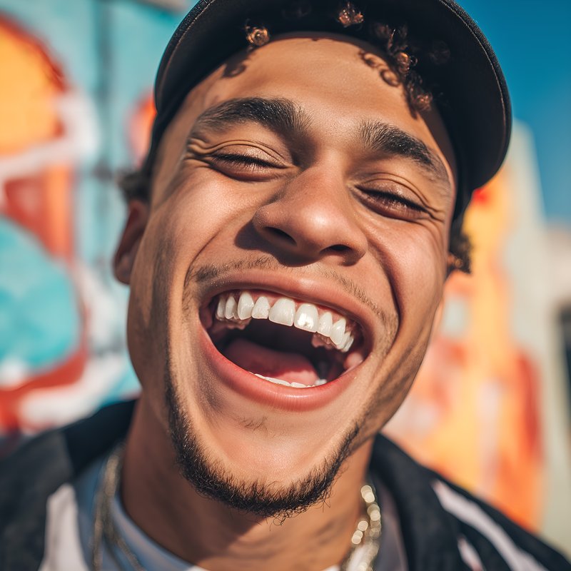 Smiling man stands in front of colorful wall in bright light Free Premium Stock Image - stock photo