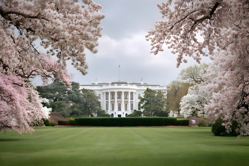 White House framed by blooming cherry blossom trees Free Premium Stock Image - stock photo