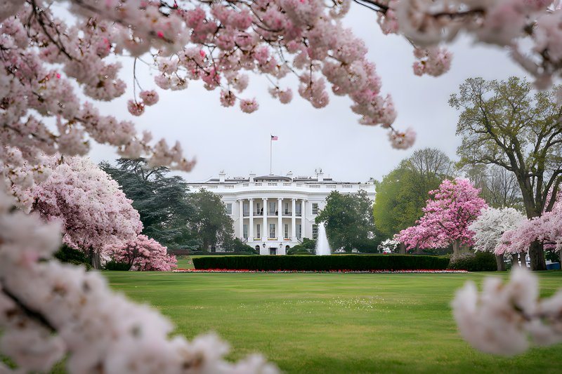 Cherry blossom trees frame view of White House in spring Free Premium Stock Photo - stock photo