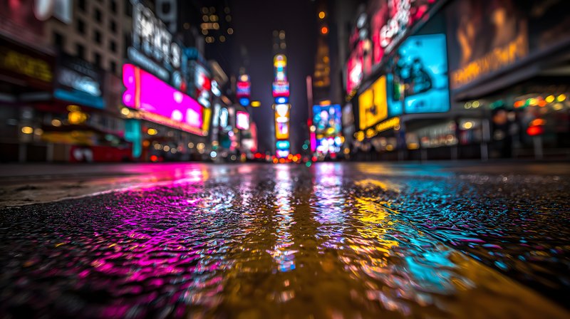 Bright lights in Times Square during a rainy night Free Premium Stock Image - stock photo