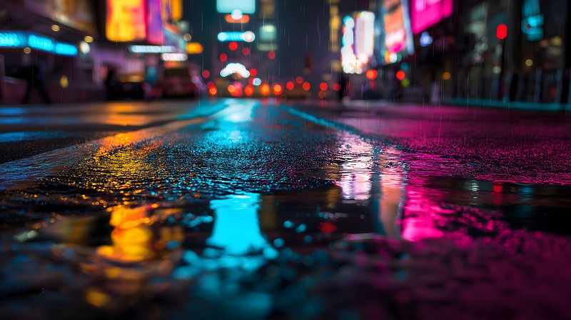 Night lights reflect on wet street in city Free Premium Stock Photo - stock photo