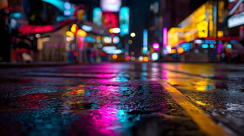 Bright city streets reflect neon lights after rain Free Premium Stock Image - stock photo