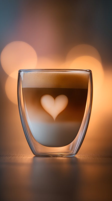 Coffee drink with heart pattern in glass cup during evening Free Premium Stock Image - stock photo