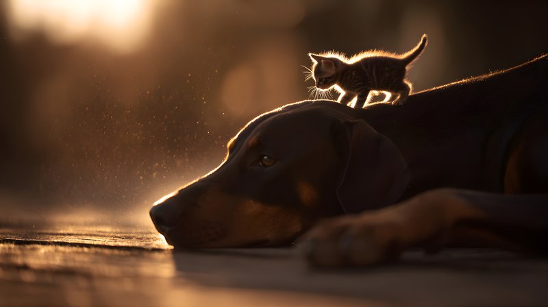 Dog with kitten playing together in warm sunset light Free Premium Stock Photo - stock photo