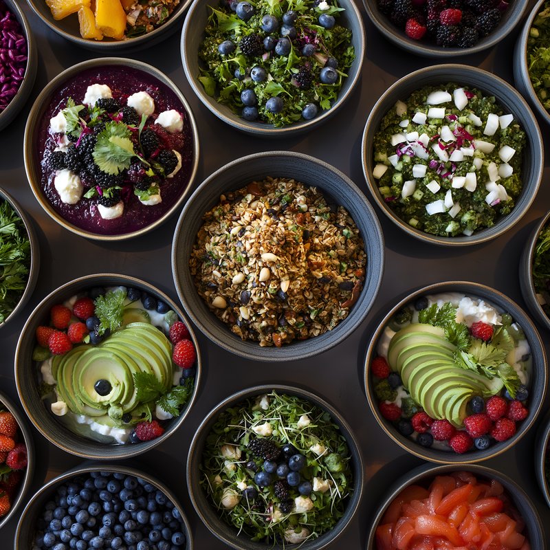 Healthy bowls of fruit and granola arranged on a table Free Premium Stock Photo - stock photo