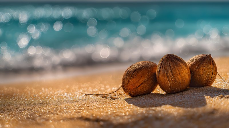 Three coconuts on sandy beach near ocean waves Free Premium Stock Image - stock photo