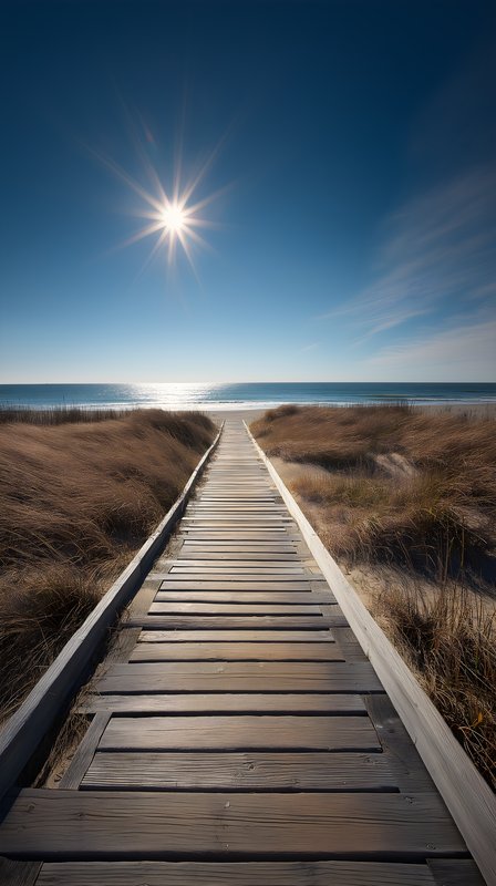 Wooden path leads to bright beach and open sky Free Premium Stock Image - stock photo