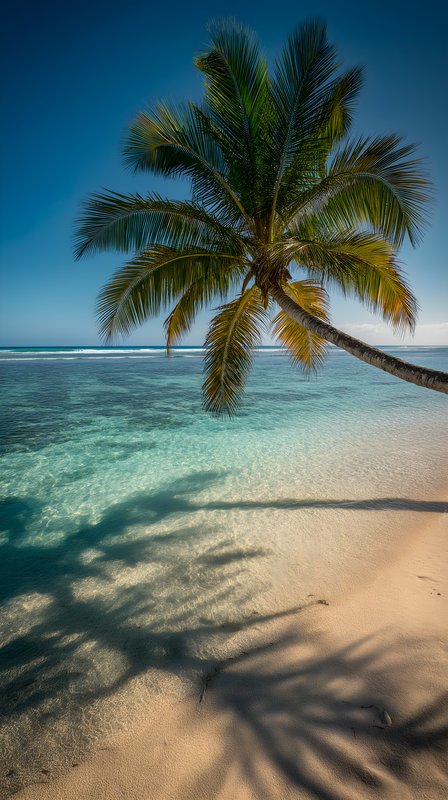 Palm tree grows over clear water on sandy beach in daylight Free Premium Stock Photo - stock photo