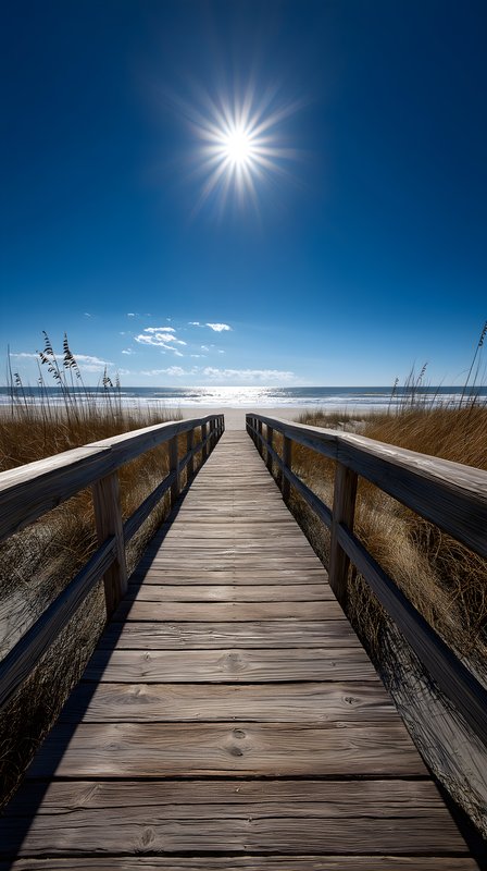 Wooden walkway leads to beach under bright sun Free Premium Stock Image - stock photo