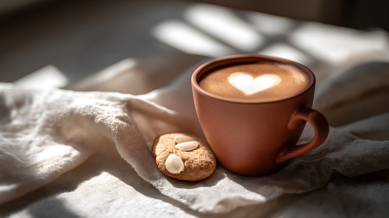 Coffee cup with heart design and cookie on a table Free Premium Stock Image - stock photo