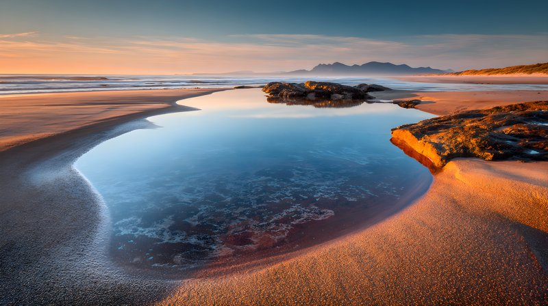 Beach scene with water pool at sunset in coastal area Free Premium Stock Image - stock photo