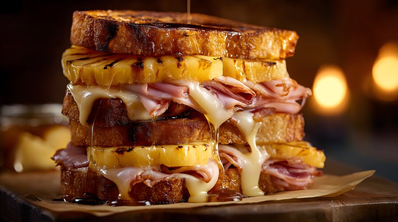 Stack of grilled ham and pineapple sandwiches with cheese Free Premium Stock Photo - stock photo