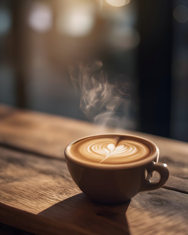 Coffee cup with latte art sits on a wooden table by the window Free Premium Stock Photo - stock photo
