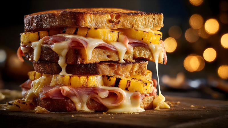 Grilled sandwich with ham and cheese stacked on wooden board Free Premium Stock Image - stock photo